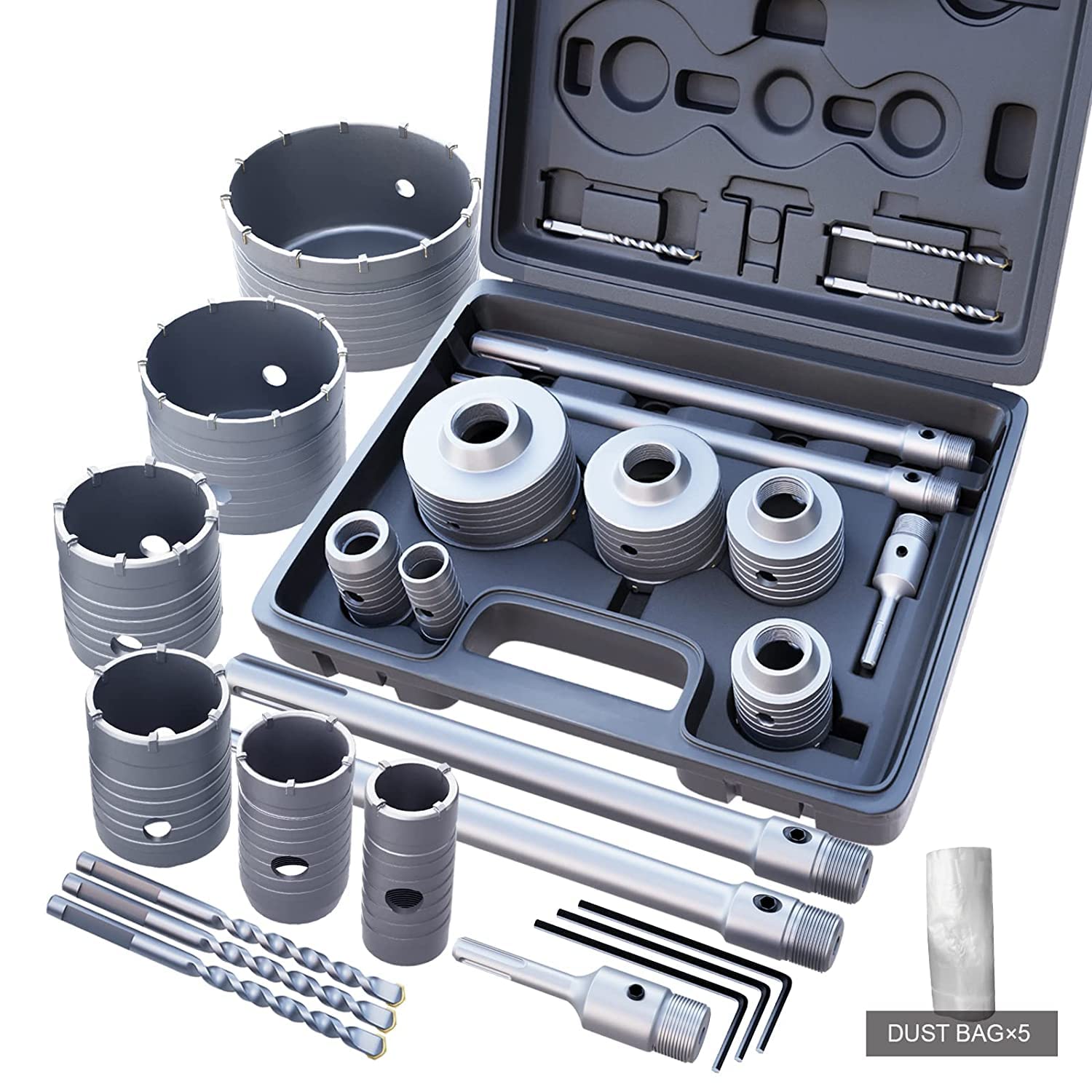 GSTK 15pcs Concrete Hole Saw Set (30 40 50 65 80 100mm) with SDS Plus Shank Connecting Rod 110mm and 5pcs Dust Catchers, Concrete Hole Saw Kit for Concrete|Cement|Brick|Stone|Wall.