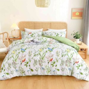 Nanko King Size Duvet Cover Set, Green Floral/Flower Leaf Bird Print Pattern, 3pc 104x90 Microfiber Comforter Quilt Bedding Cover with Zip Ties - Spring Modern Farmhouse for Men and Women Teen Girl