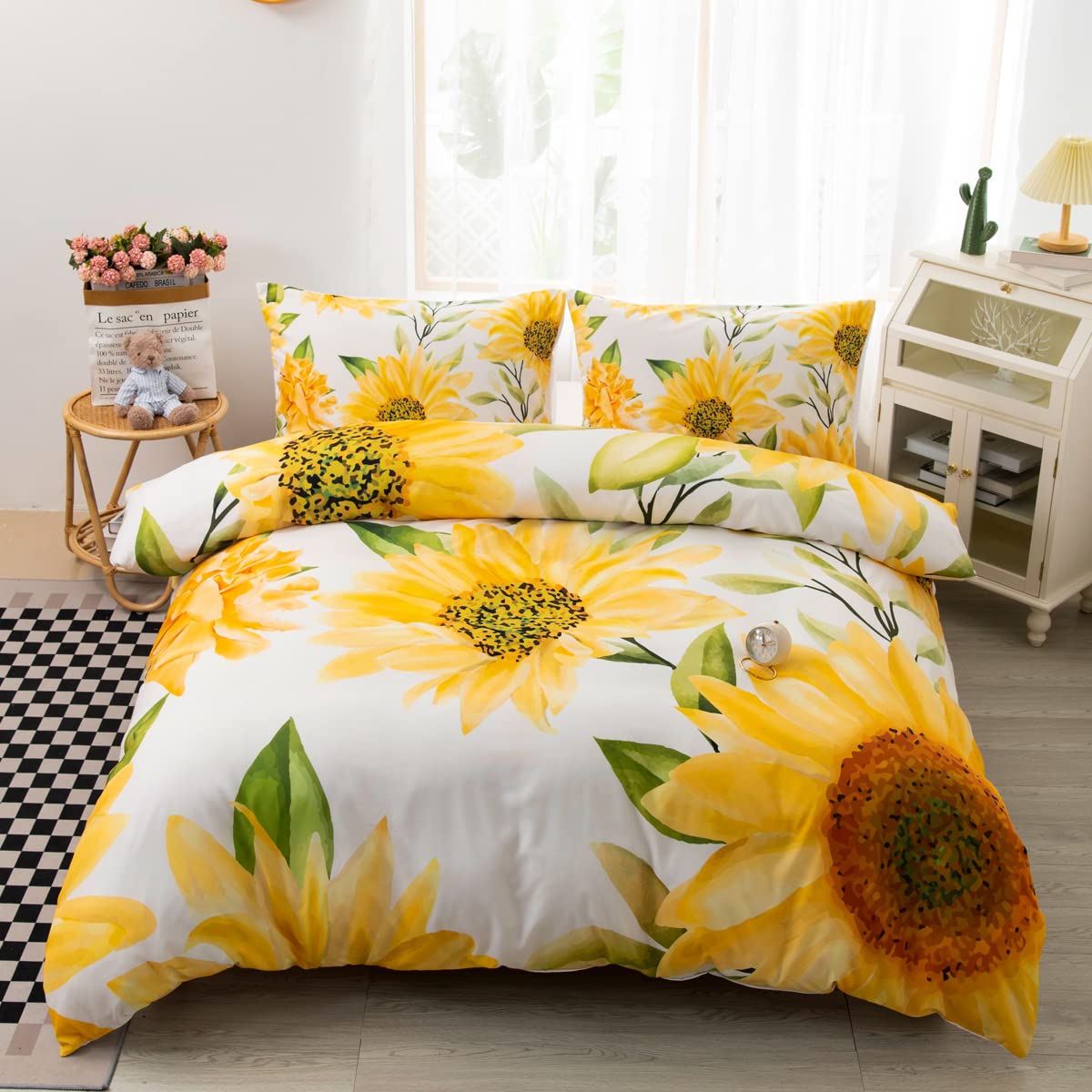 CVHOUSE Sunflower Bedding Queen Size,Garden Floral Set for Girls Kids Teens,Aesthetic Farmhouse Comforter Cover Soft,1 Duvet 2 Pillowcases,Girls Room Decor Queen 89'x89'