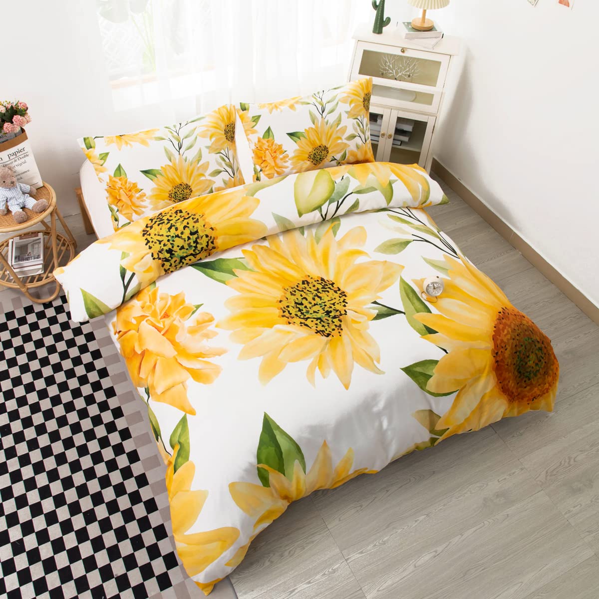 CVHOUSE Sunflower Bedding Queen Size,Garden Floral Set for Girls Kids Teens,Aesthetic Farmhouse Comforter Cover Soft,1 Duvet 2 Pillowcases,Girls Room Decor Queen 89'x89'