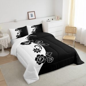 Castle Fairy Black and White Comforter Set,Modern Floral Bedding Set for Kids Girls Women,Adults Abstract Art Comforter,Yin and Yang Quilted Duvet Set Bedroom Collection Twin Size 2Pcs