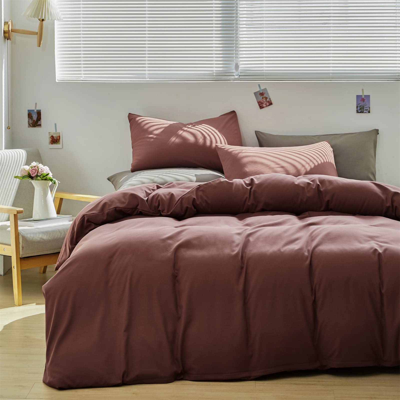 Pureant Brick Red Comforter Sets Queen Solid Dark Rust Red Bedding Comforters Modern Plain Purplish Cotton Bed Quilts Women Girls Blackish Red Warm Blankets Pure Dark Brown Red Durable Bedding Vintage