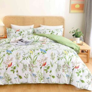 nanko king size duvet cover set, green floral/flower leaf bird print pattern, 3pc 104x90 microfiber comforter quilt bedding cover with zip ties - spring modern farmhouse for men and women teen girl