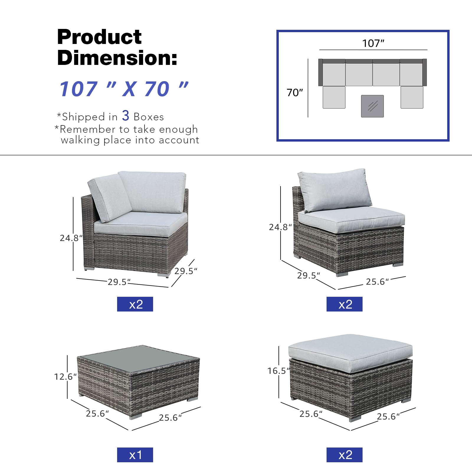 Patiorama 7 Piece Outdoor Furniture, All Weather Grey Wicker Sectional Sofa Set with Corner Sofa Chair Ottoman Table, Light Grey