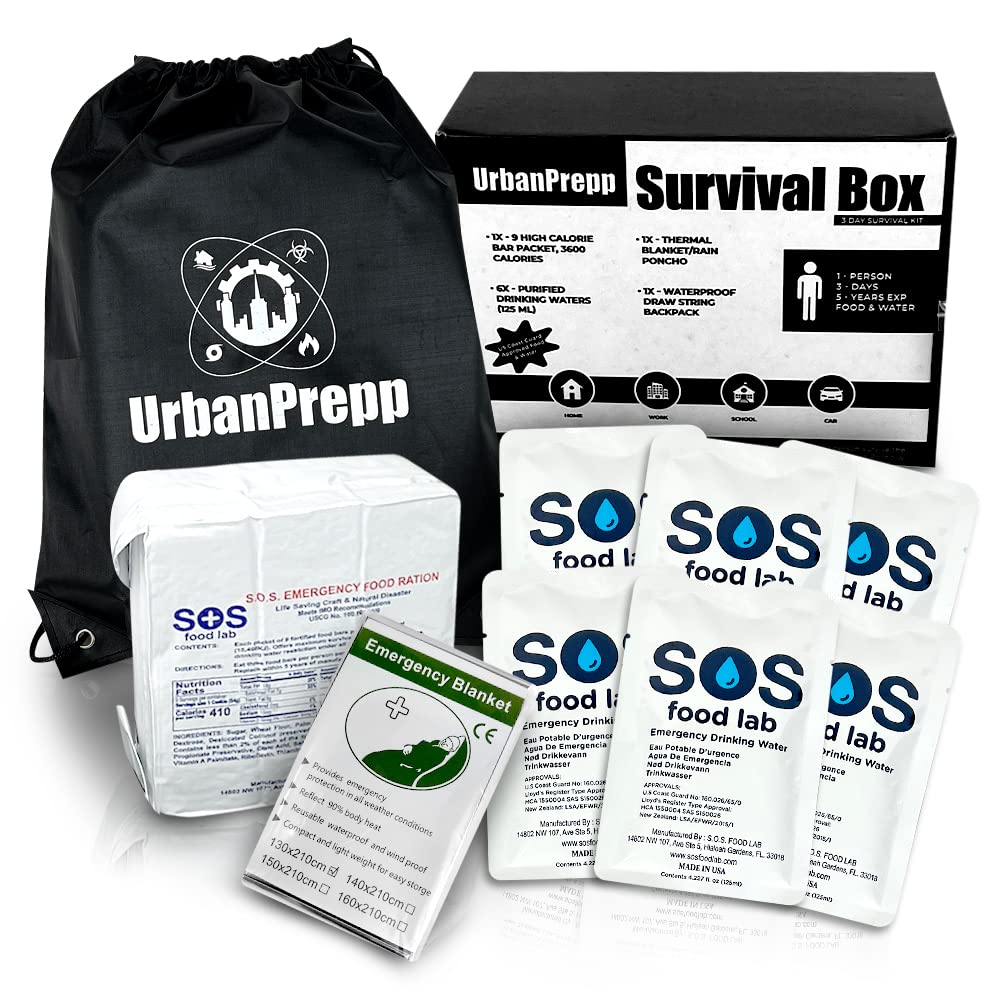 UrbanPrepp 72 Hour Survival Box - 1 Person Emergency Food, Water, Thermal Blanket, Emergency Rations for Floods, Blackout, Earthquake, Car, Work, School (UrbanPrepp Essential 72 Hour Survival Box)