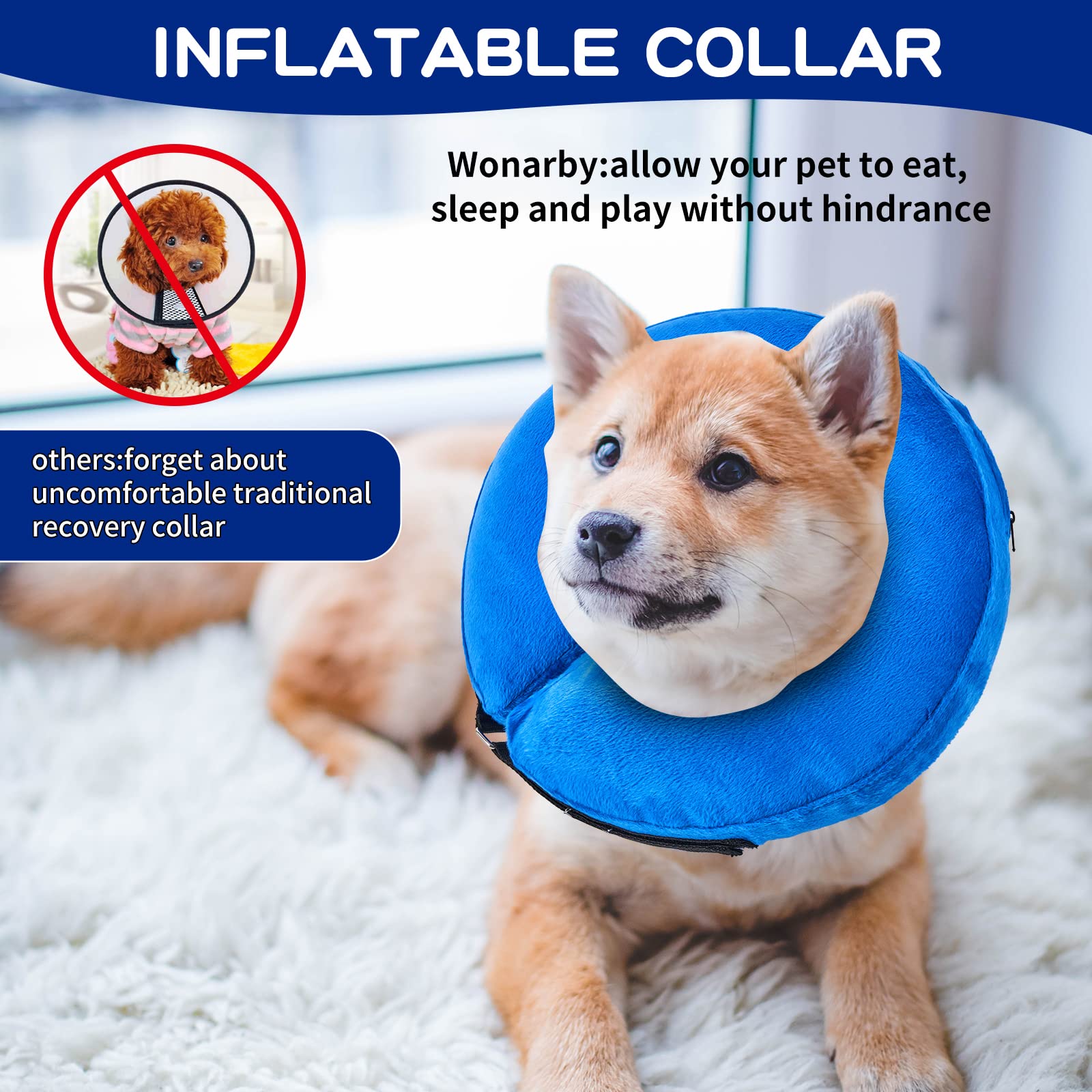 Dog Cone Collar for After Surgery - Soft Dog Cones for Medium Dog and Cats- Inflatable Elizabethan Dog Cone Collar Alternative - Adjustable Recovery Collar for Pets - Blue - Medium(Neck 9"-12")