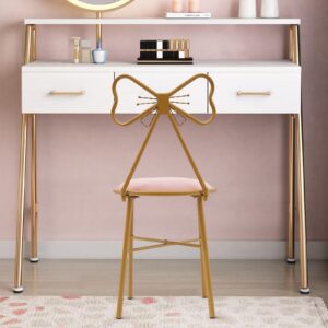 Modern Stylish Pink Bow Shaped Backrest Princess Chair Girls Ladies Creative Makeup Stool with Golden Frame for Indoor Decor Bedroom Coffee Shop