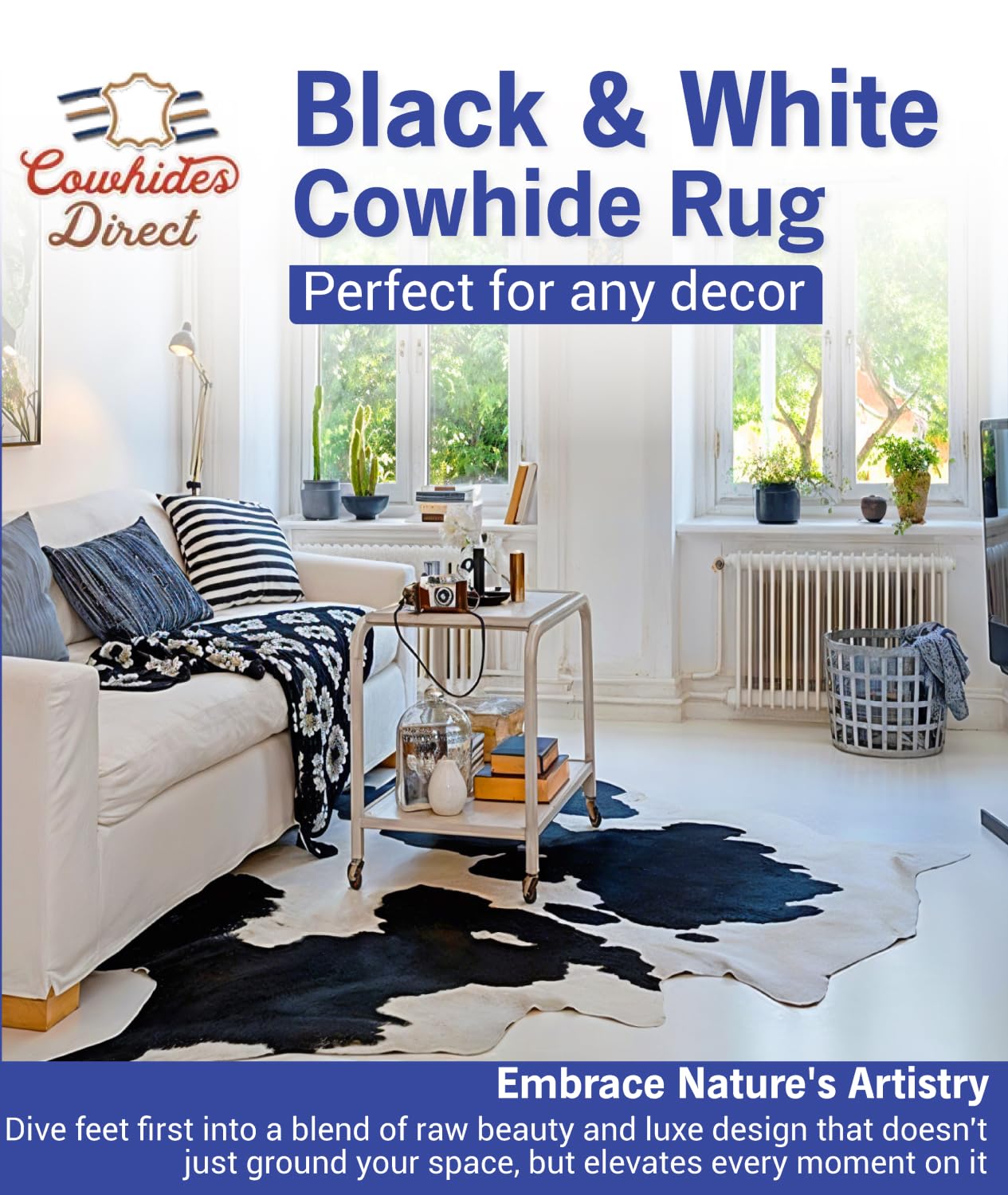 Cowhides Direct Genuine Cowhide Rug - Black & White Rug for Living Room, Bedroom & More - Authentic Cow Rug (6’x7’ Black & White)