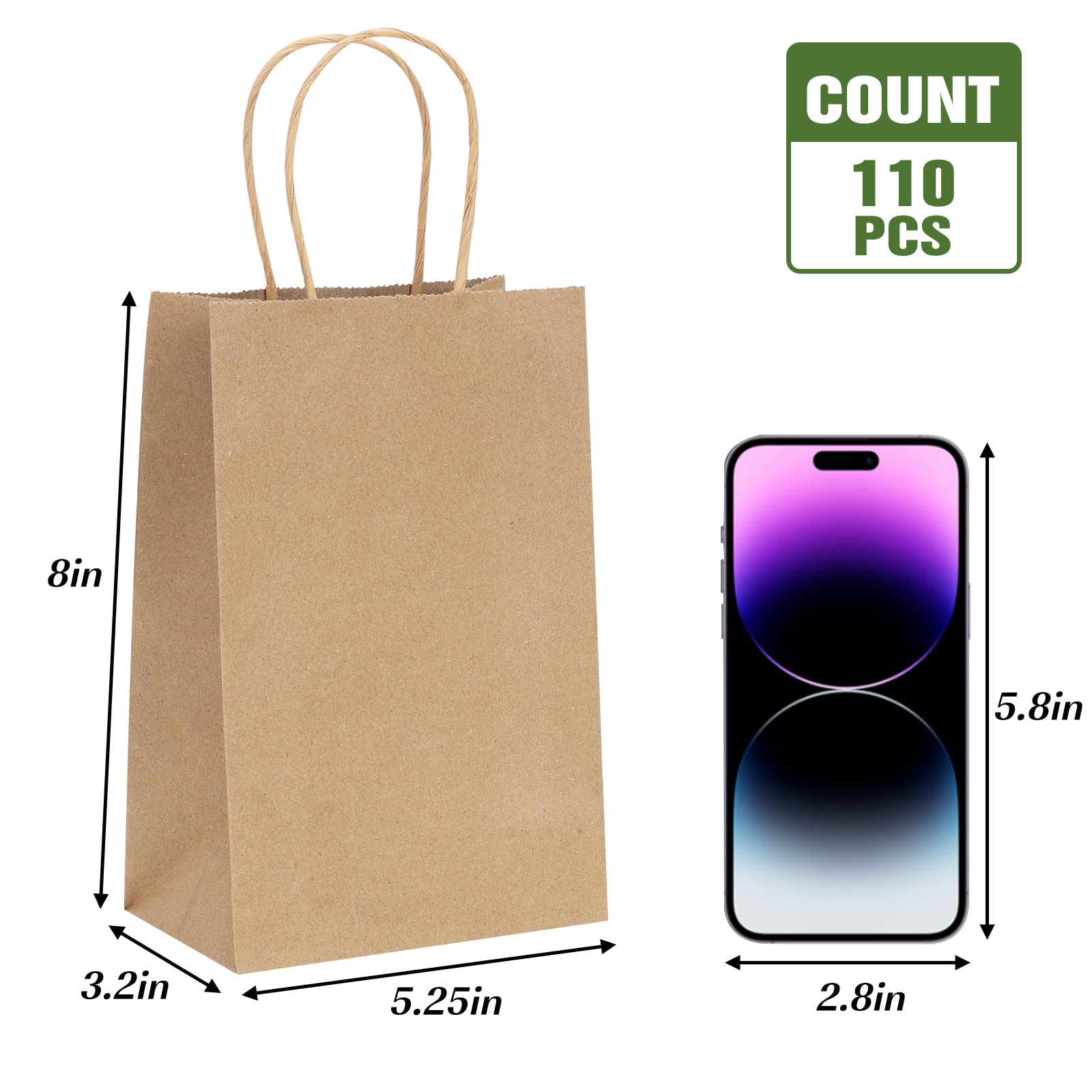 Moretoes 110pcs Small Gift Bags, 5.25x3.2x8 Inches White Kraft Paper Bags with Handles Bulk, Retail Bags for Small Business, Shopping Bags, Birthday Wedding Party Favor Bags, Merchandise Bags