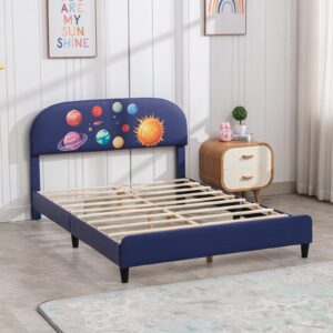 Mixoy Twin Size Kids Bed Frame, Faux Leather Upholstered Platform Bed Frame with Curved Headboard, Blue Bed Frame for Children (Twin, Space)