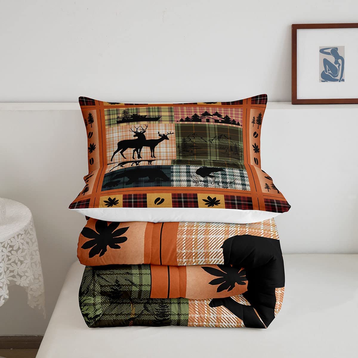 Buffalo Plaid Check Bedding Sets Cabin Camping Decor Bear Elk Deer Comforter For Kids Teens Pink Orange Blue Patchwork Duvet Insert Pike Fish Fishing Quilt Fall Leaves Down Comforter Queen 3Pcs