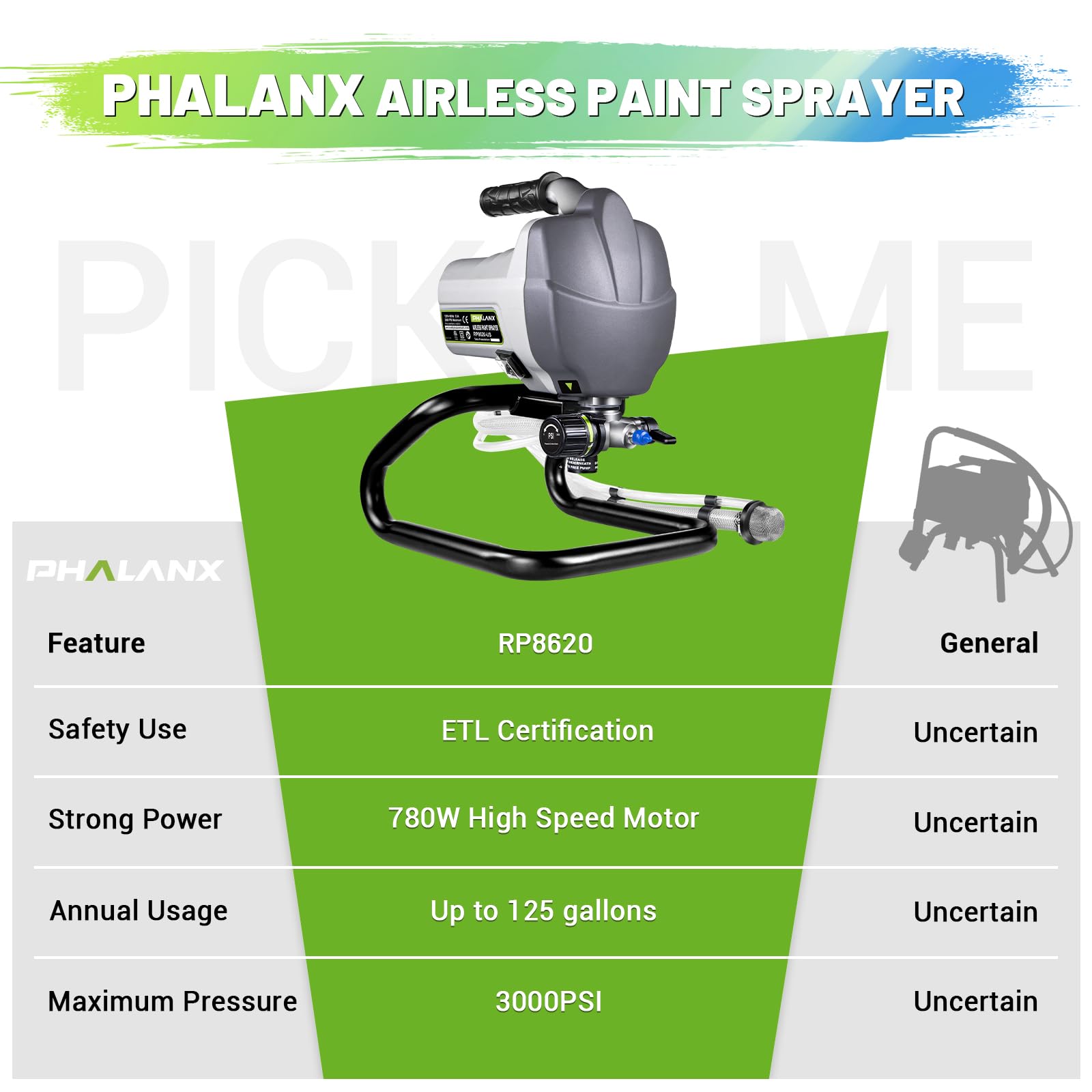 PHALANX Airless Paint Sprayer, 7/8HP 780W High Efficiency Airless Stand Sprayer, 3000PSI Electric Paint Sprayer with Cleaning Kits for Painting Home Interior Exterior Walls, Ceiling, Fence, Cabinet