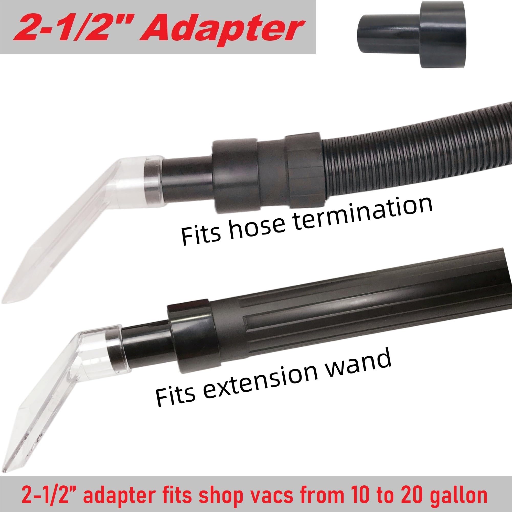 TunaMax Universal Work with All Shop Vacs Extractor Attachment with 1-1/4" & 1-7/8" & 2-1/2" Three Adapters for Upholstery & Carpet Cleaning & Auto Detailing, Large 7-1/2" Width Clear Head