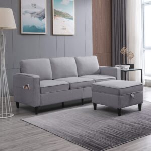 cecer 78" convertible sectional sofa, l-shaped couch with storage ottoman, modern linen fabric 3-seat couche with movable ottoman, chasie lounge for apartment/living room (light grey)