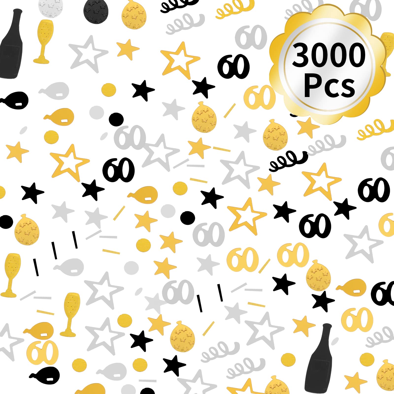 3000 Pieces Happy Birthday Confetti Number 60 Confetti Birthday Cake Confetti Table Scatter Confetti, Black Gold Silver Party Decorations Supplies for Birthday Anniversary (60th Style)