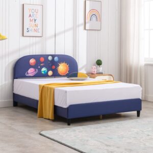 mixoy twin size kids bed frame, faux leather upholstered platform bed frame with curved headboard, blue bed frame for children (twin, space)