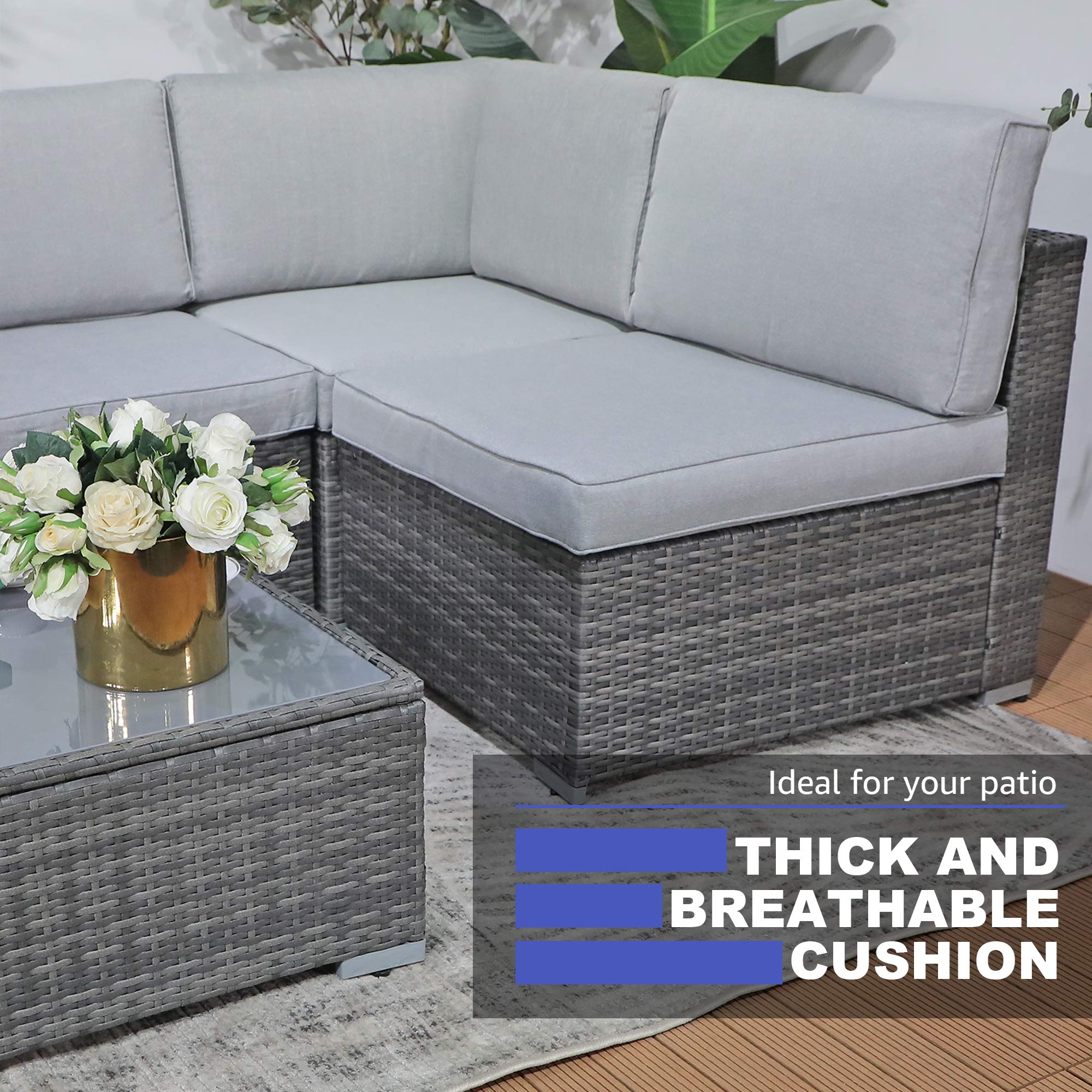 Patiorama 7 Piece Outdoor Furniture, All Weather Grey Wicker Sectional Sofa Set with Corner Sofa Chair Ottoman Table, Light Grey