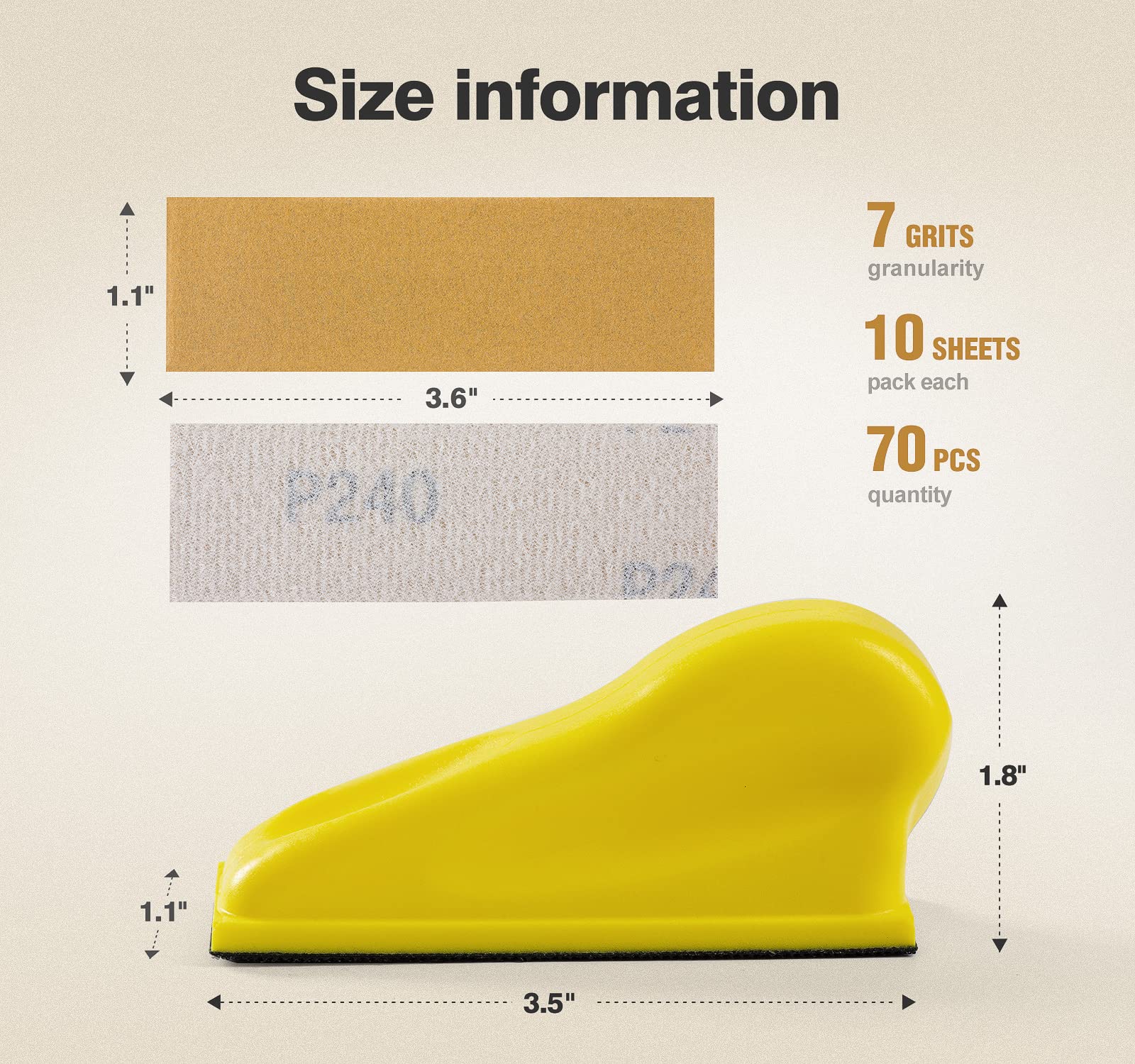 S SATC Micro Hand Sanding Block Kit 3.5”x1.1”x1.8”Hand Sanding Block and 70 PCS Sandpaper Sheets 10 Each 80/120/150/180/220/240/400 Grit Wood Woodworking, Small Detail Finishing Sander