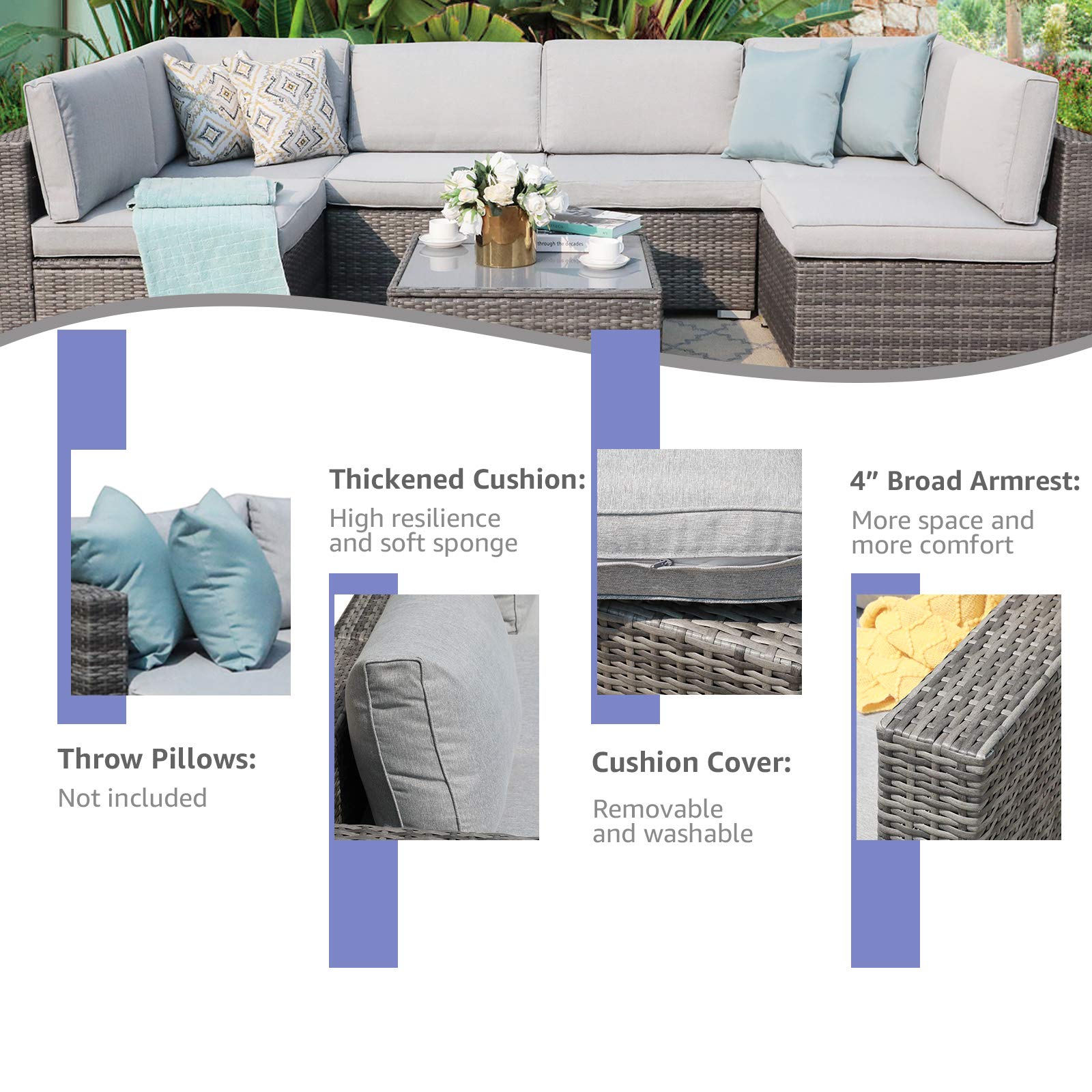 Patiorama 7 Piece Outdoor Furniture, All Weather Grey Wicker Sectional Sofa Set with Corner Sofa Chair Ottoman Table, Light Grey