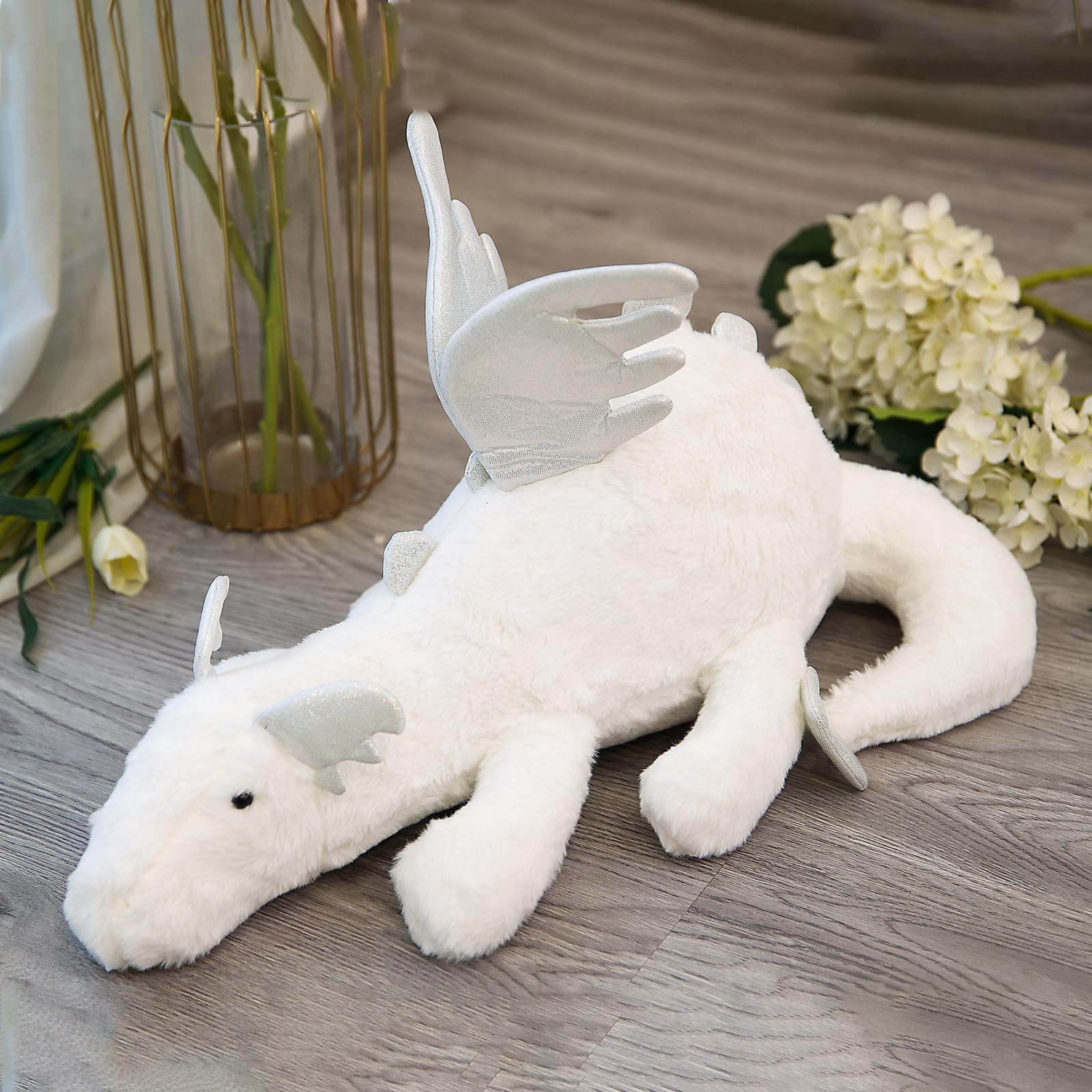 Muimray Snow Dragon Stuffed Animal, 24in Dragon Pterosaur Plush Toy with Tiny Wings, Lovely Pterosaur Doll Pillow, Dinosaur Stuffed Animal for Baby Kids (White, 24inch)