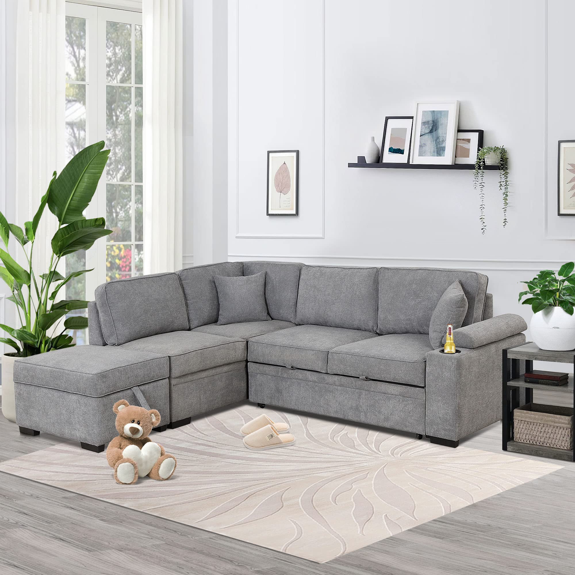 Merax Sleeper Sofa Bed L Shaped Sectional Couch with Storage Ottoman and Chaise for Living Room, Small Apartment Love Seats, Gray_Linen