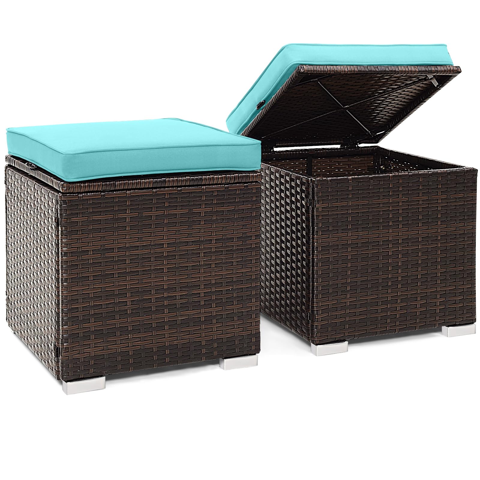 Tangkula 2 Pieces Patio Ottomans, Patiojoy Hand-Woven PE Rattan Side Table with Removable Cushion & Hidden Storage Space, Multifunctional Storage Box, Seat for Patio, Backyard, Poolside (Turquoise)