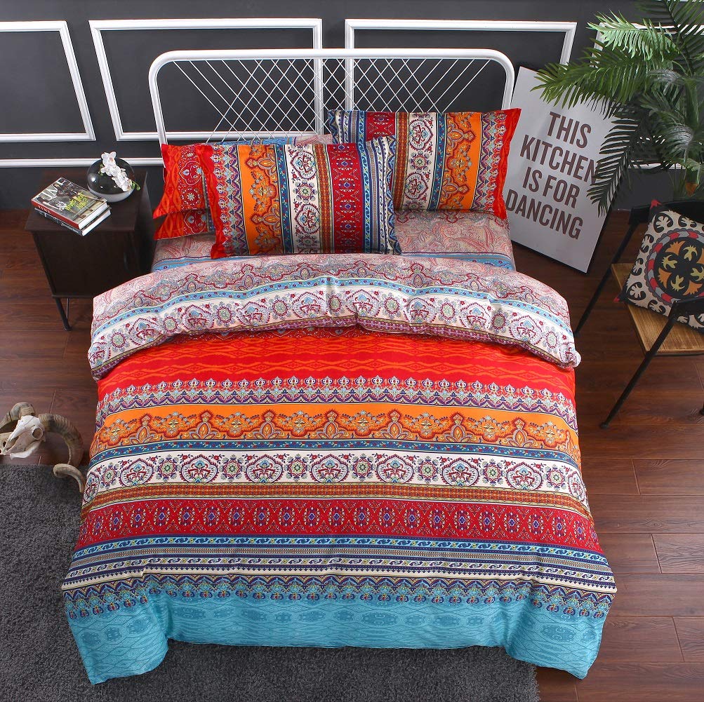 Bohemian Duvet Cover Queen, Microfiber Bohemian Bedding Sets, 3 Pieces Boho Duvet Cover for All Seasons, 1 Duvet Cover and 2 Pillowcases with Zipper Closure, Breathable Easy Care (Bohemian, Queen)