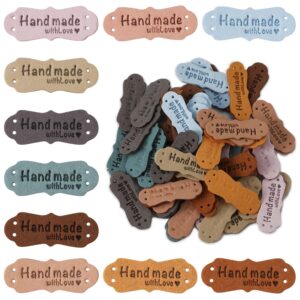 50pcs handmade leather labels with love hearts colorful leather hat tags for crafts embossed leather tags for crochet items fabrics purses scarf clothing handbag luggage (10 colors)