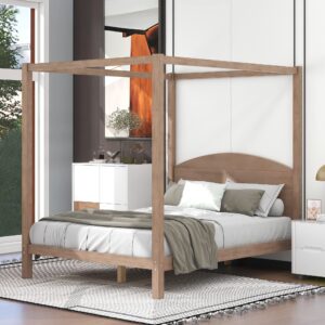 julyfox natural wood bed frame queen size canopy, solid wood canopy platform bed queen with headboard 550 lbs heavy duty design no box spring needed(natural wood,queen)