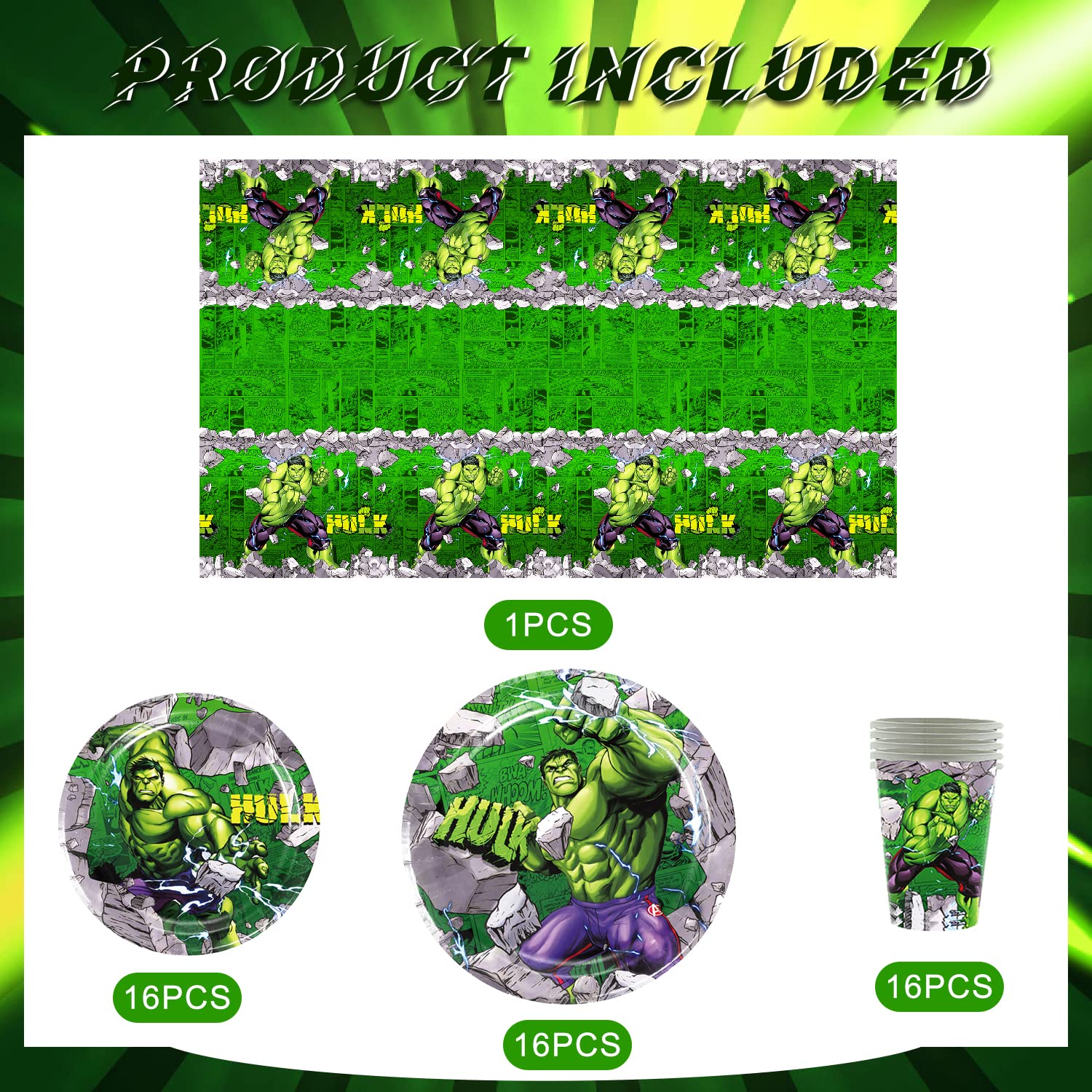 Green Hero Birthday Party Tableware Supplies Set for 16 Guests with Tablecloth, Plates and Cups,Green Hero Party Theme Birthday Baby Shower Party Decorations