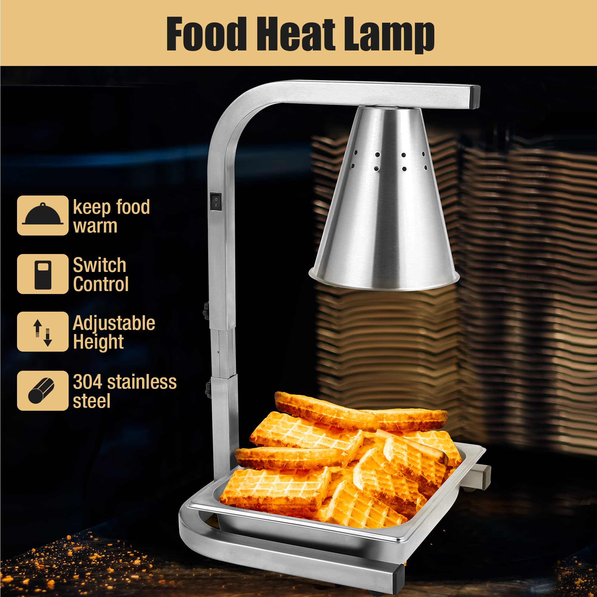 Restlrious Food Heat Lamp Freestanding Commercial Portable Food Warmer with 1 Full-Size Food Pan, Stainless Steel 120V Electric Food Heat Lamp Applicable to 250W Light Bulb, Fan-Shaped Lampshade