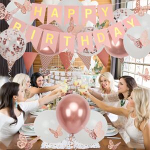 Rose Gold Birthday Decorations for Women, Happy Birthday Banner for Girls' Party Decorations with Balloons, Pennant Banner Flags and Rose Gold Butterfly Decorations