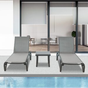 Domi Pool Lounge Chairs,Aluminum Chaise Lounge with Side Table,5 Position Adjustable Backrest and Wheels,All Weather Outdoor Lounge Chairs (2 Grey Lounges W/Side Table)