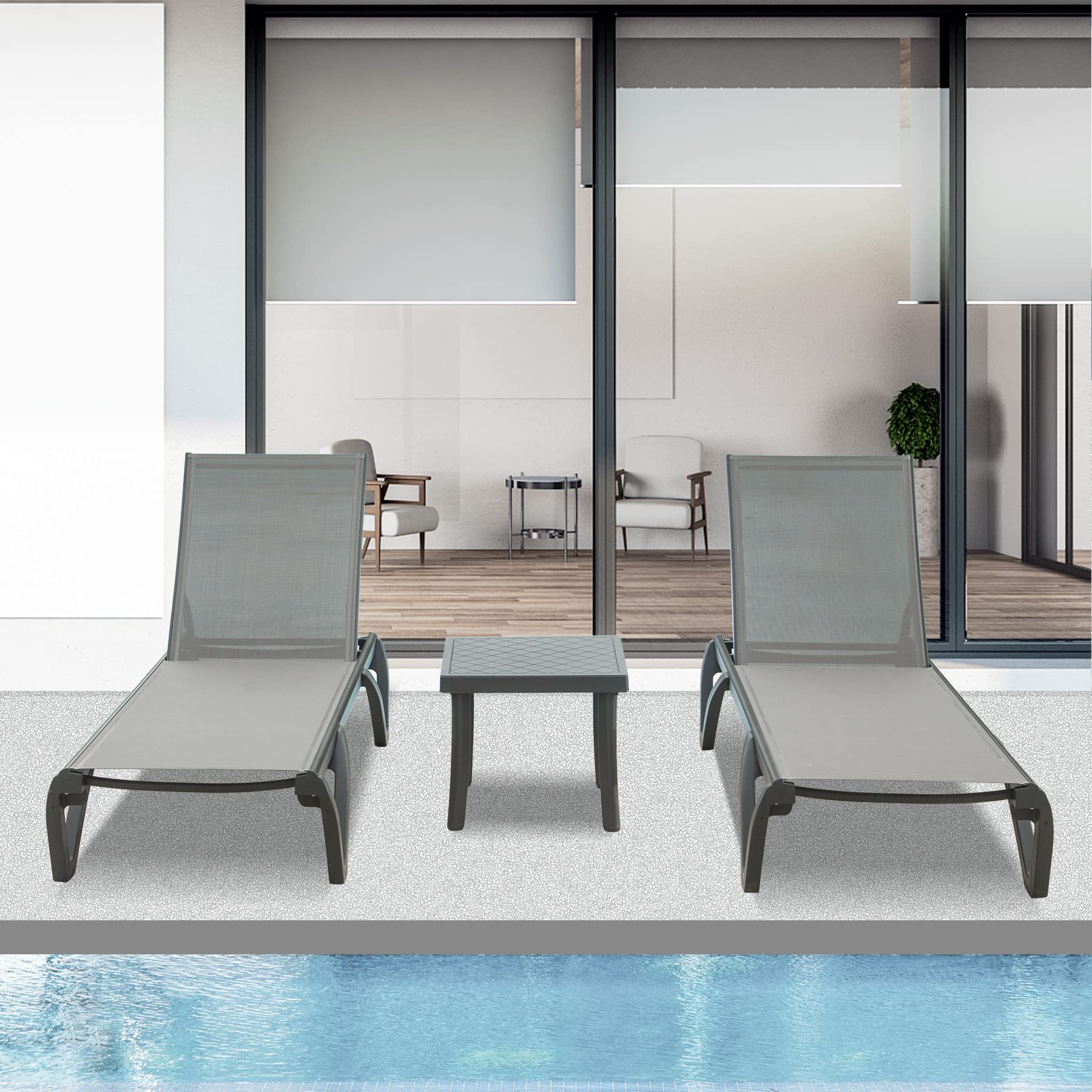 Domi Pool Lounge Chairs,Aluminum Chaise Lounge with Side Table,5 Position Adjustable Backrest and Wheels,All Weather Outdoor Lounge Chairs (2 Grey Lounges W/Side Table)