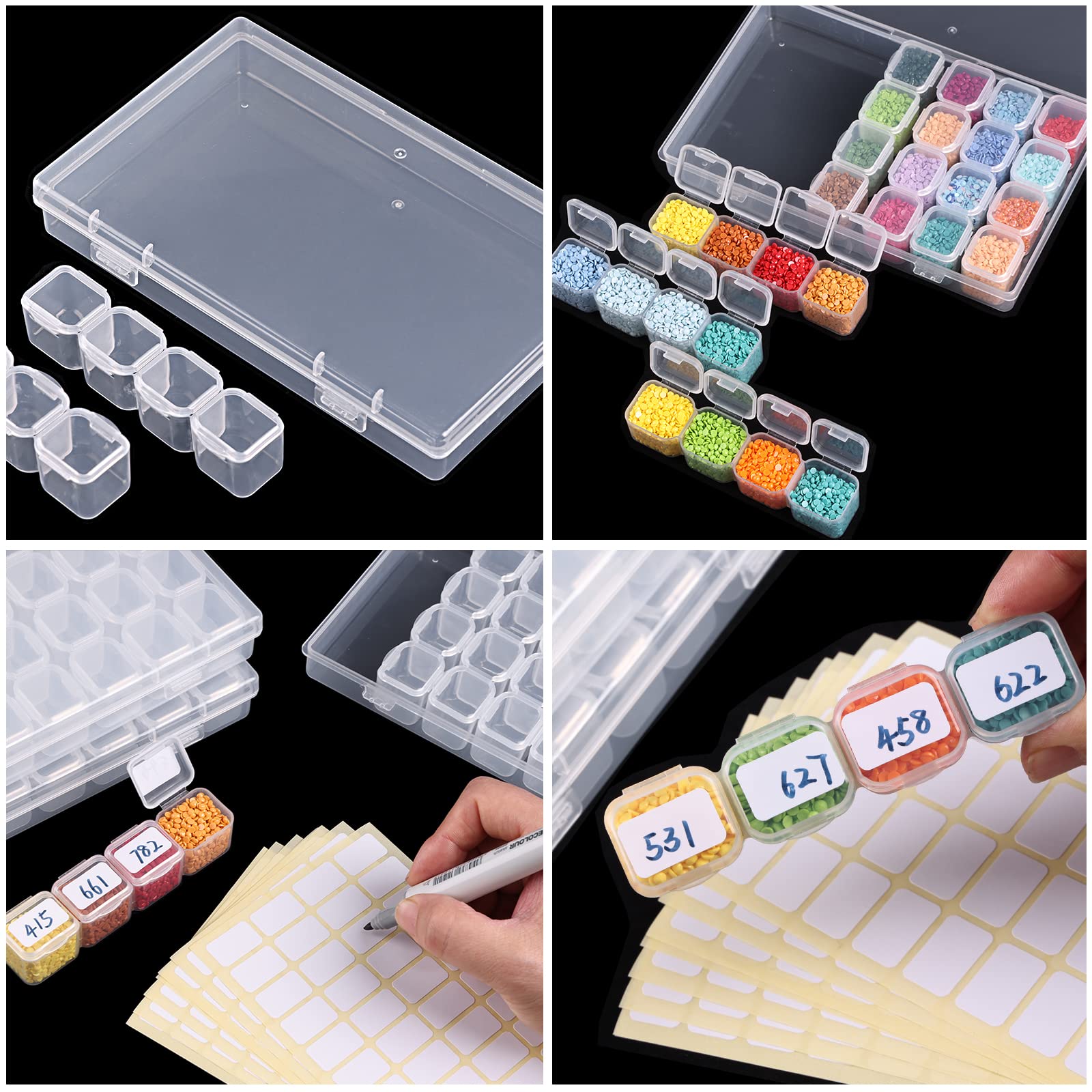 Quefe 224 Slots Diamond Painting Storage Containers Bulk, 8pcs 28 Grids Clear Diamond Painting Accessories and Tools Boxes Bead Organizers Diamond Art Embroidery Storage with Label Stickers