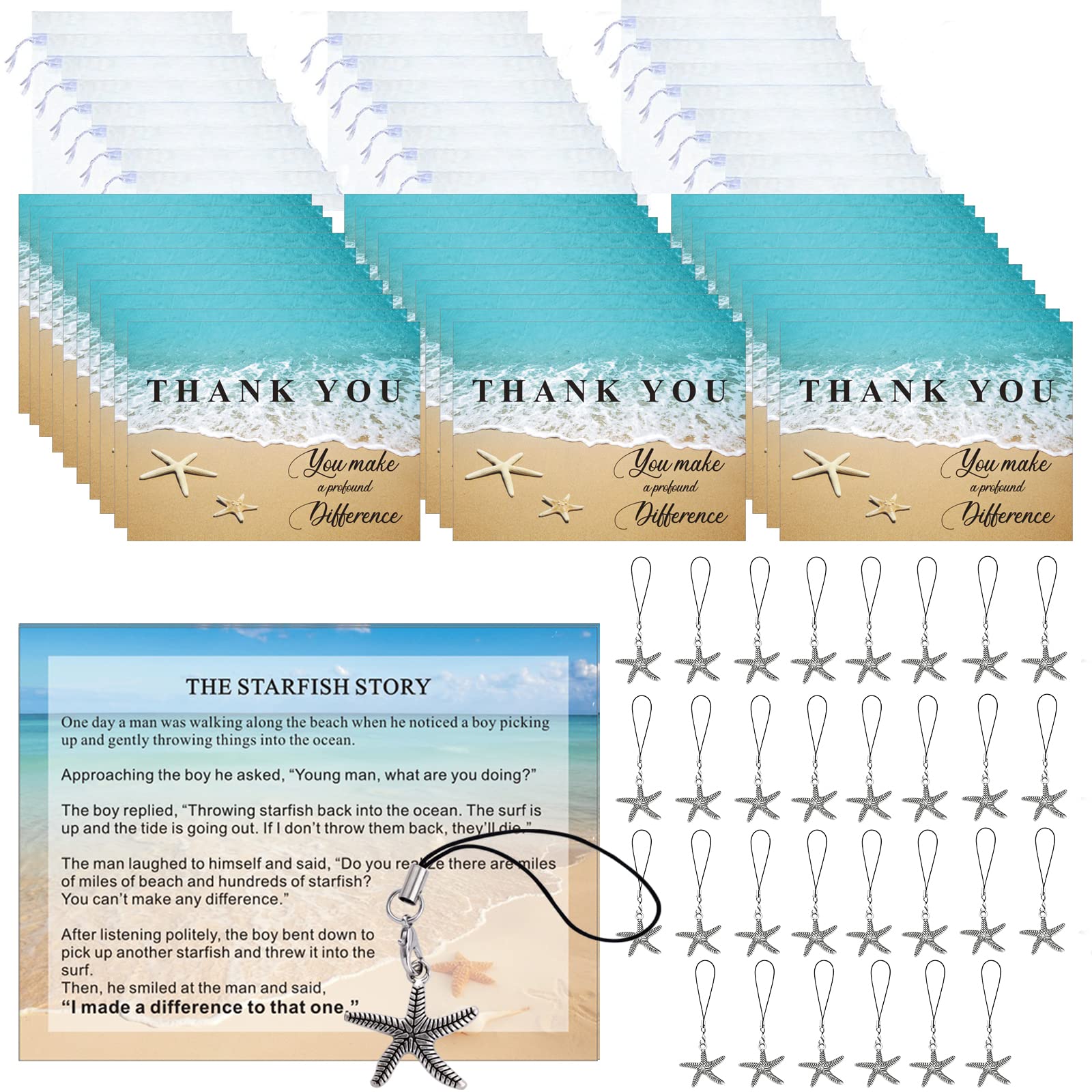 SAGHOM Employee Appreciation Gifts Bulk 30 Starfish Story Card Thank You Gifts for Coworkers You Make a Profound Difference Appreciation Notecards Teacher Volunteer Nurse Appreciation Gifts(Silver)