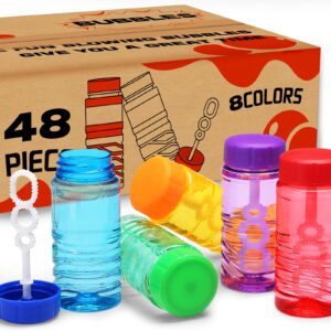 48 pack bubble bottle with wand attached to the cap (8 colors), bubbles bulk set for kids party favors, blower bubbles refill toy for toddler summer outside, birthday gift, goody bag stuffers supplies