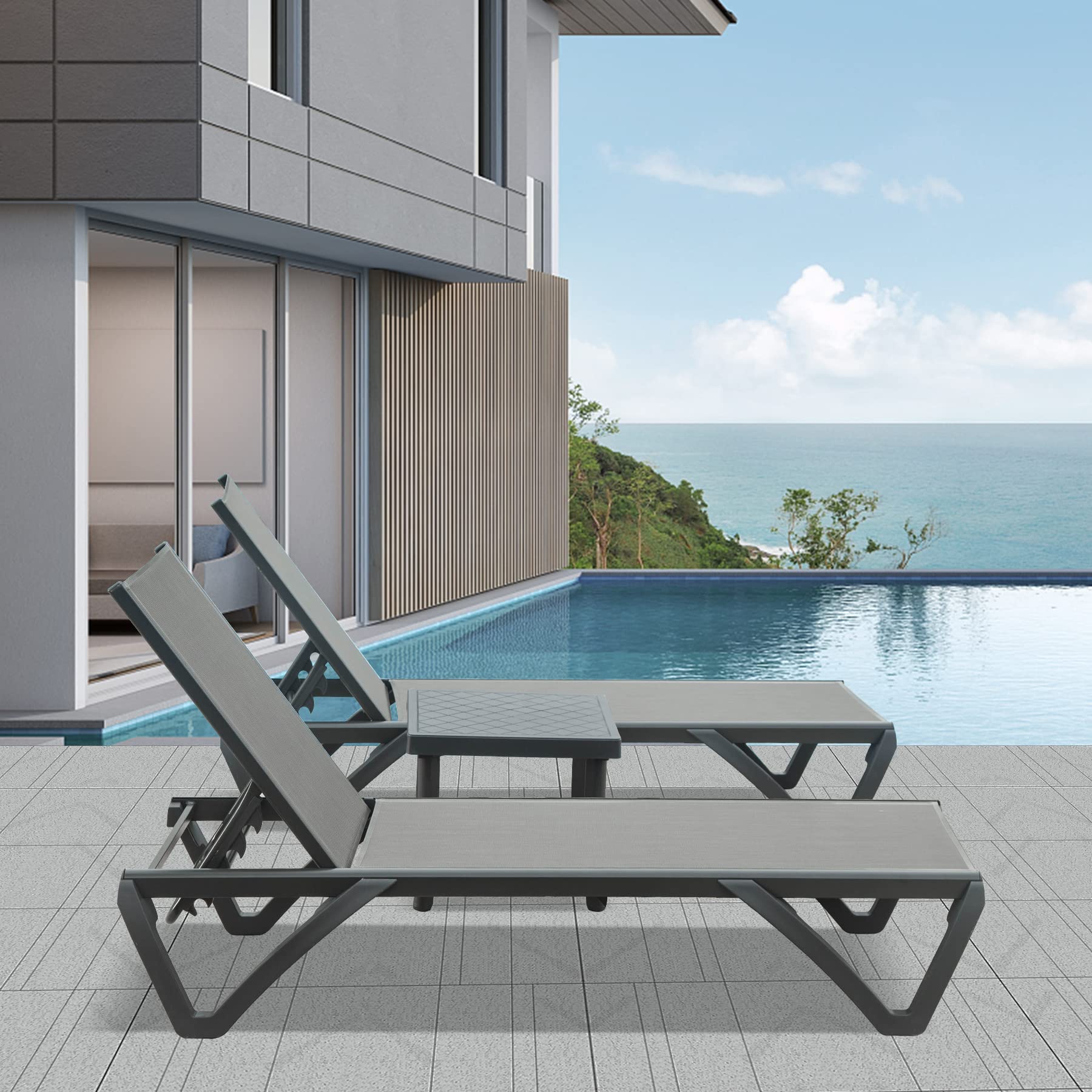 Domi Pool Lounge Chairs,Aluminum Chaise Lounge with Side Table,5 Position Adjustable Backrest and Wheels,All Weather Outdoor Lounge Chairs (2 Grey Lounges W/Side Table)