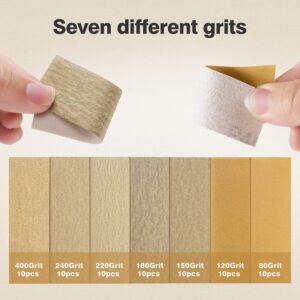 S SATC Micro Hand Sanding Block Kit 3.5”x1.1”x1.8”Hand Sanding Block and 70 PCS Sandpaper Sheets 10 Each 80/120/150/180/220/240/400 Grit Wood Woodworking, Small Detail Finishing Sander