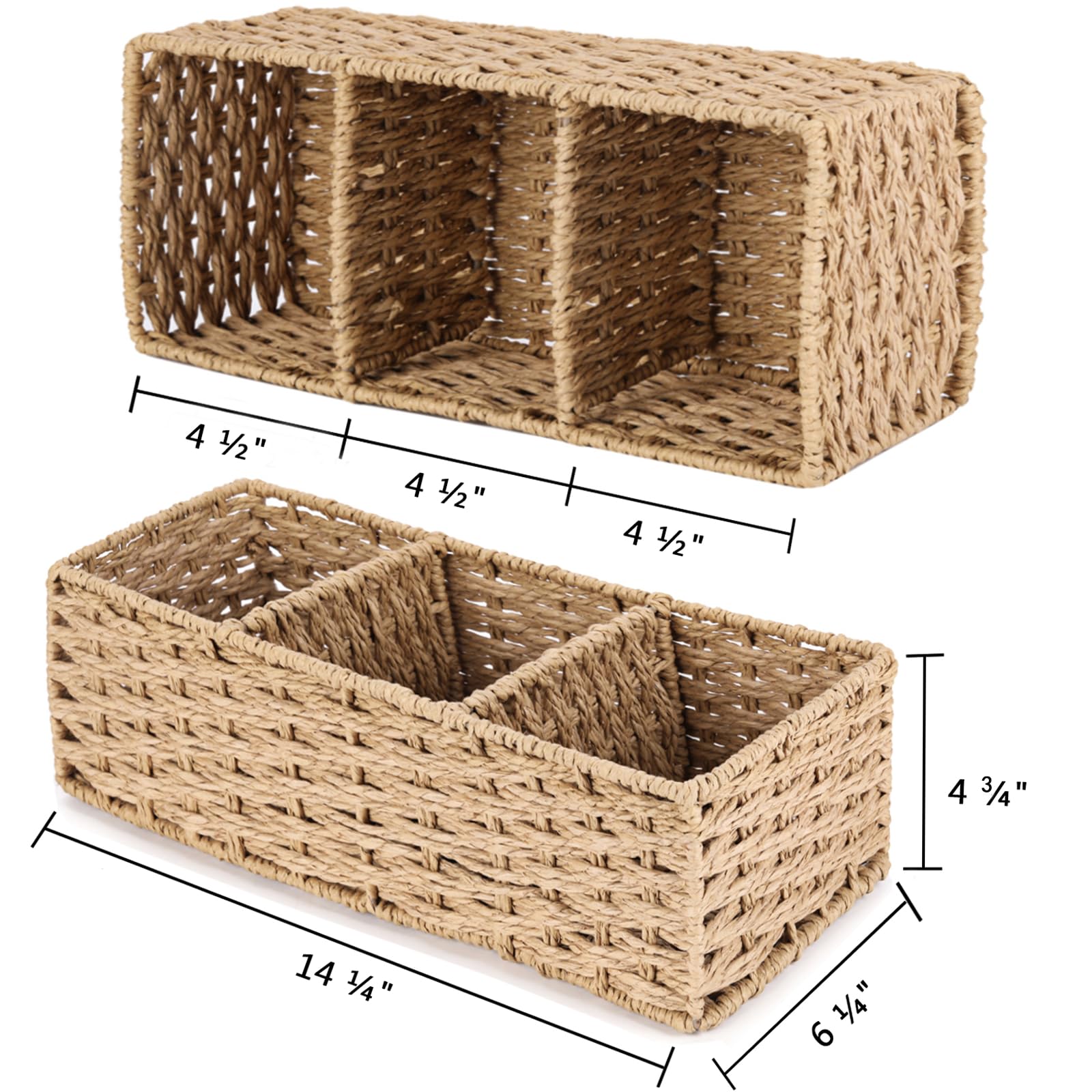 Vagusicc 3-Section Wicker Baskets for Shelves, Hand-Woven Round Paper Rope Wicker Storage Basket, Toilet Paper Basket for Toilet Tank Top, Baskets for Organizing, 2-Pack