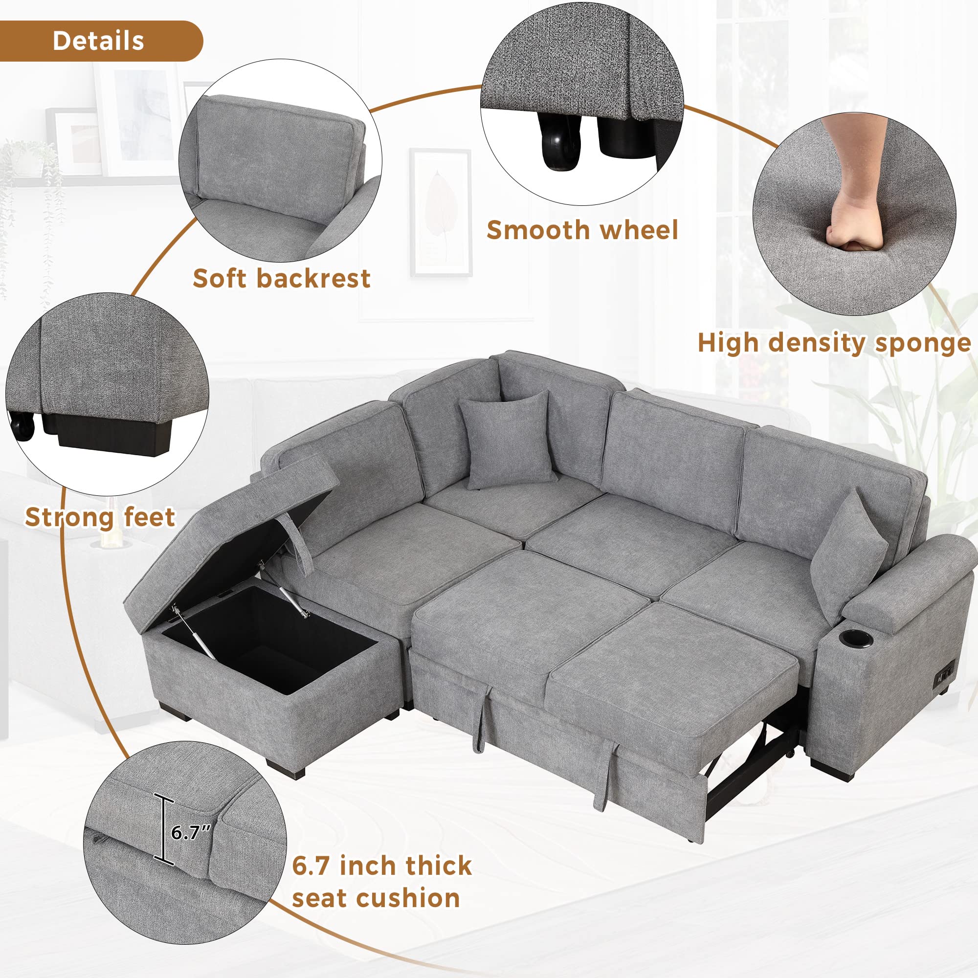 Merax Sleeper Sofa Bed L Shaped Sectional Couch with Storage Ottoman and Chaise for Living Room, Small Apartment Love Seats, Gray_Linen