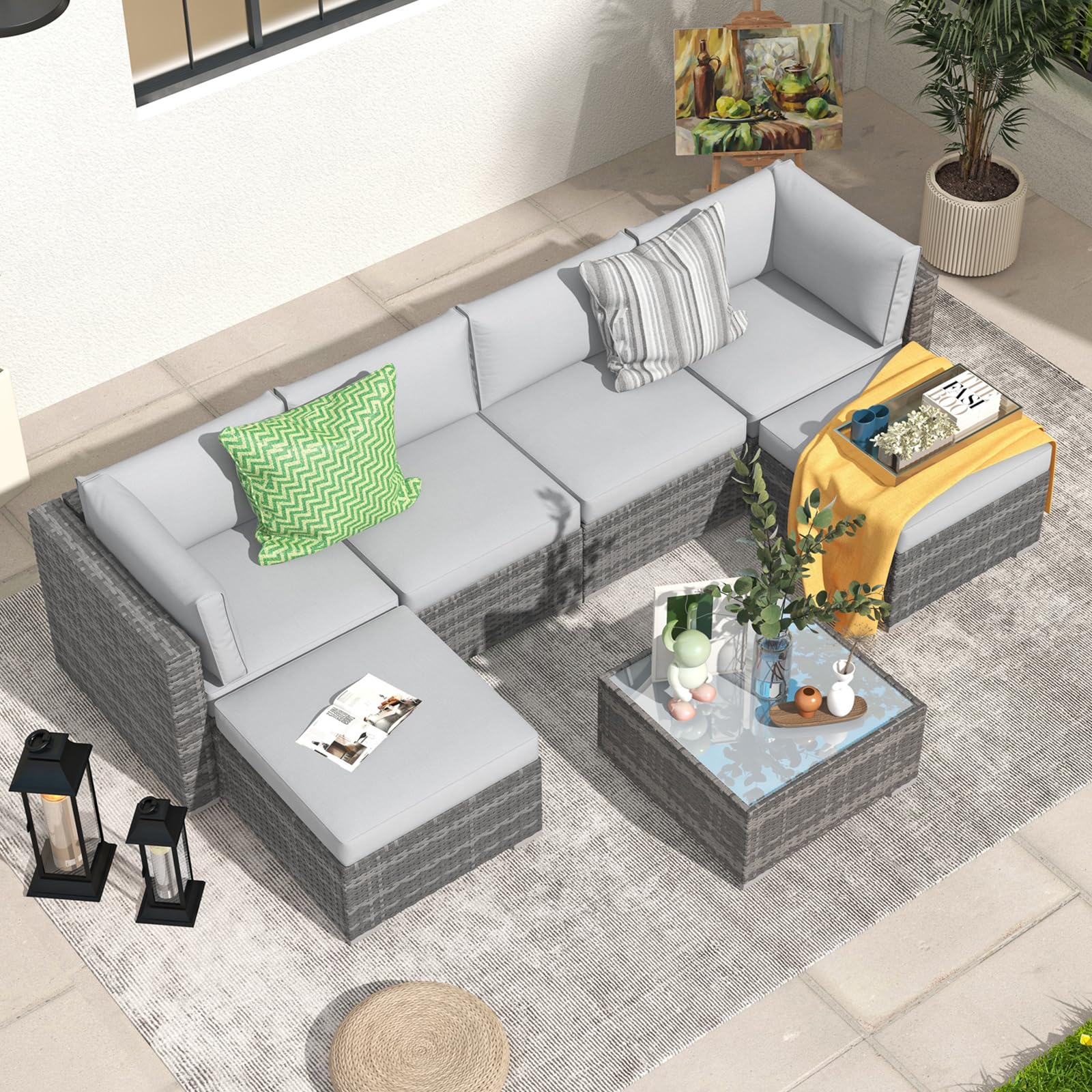 Patiorama 7 Piece Outdoor Furniture, All Weather Grey Wicker Sectional Sofa Set with Corner Sofa Chair Ottoman Table, Light Grey