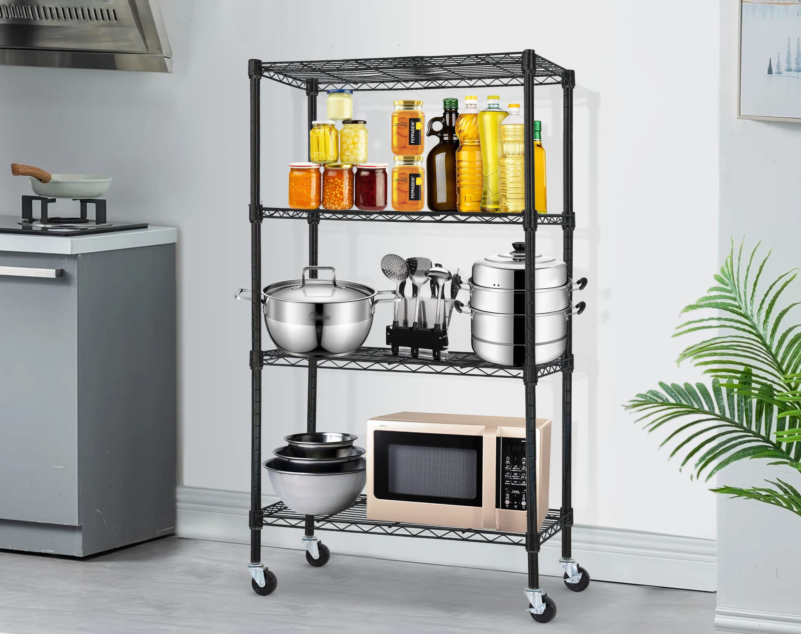 4-Tier Kitchen Storage Shelves Wire Shelving, Adjustable Storage Shelf Metal Storage Rack on Wheels, Shelf Unit Organizer for Kitchen Bread Microwave Oven Stand, 35.6"L x 14"W x 61.8"H, Black