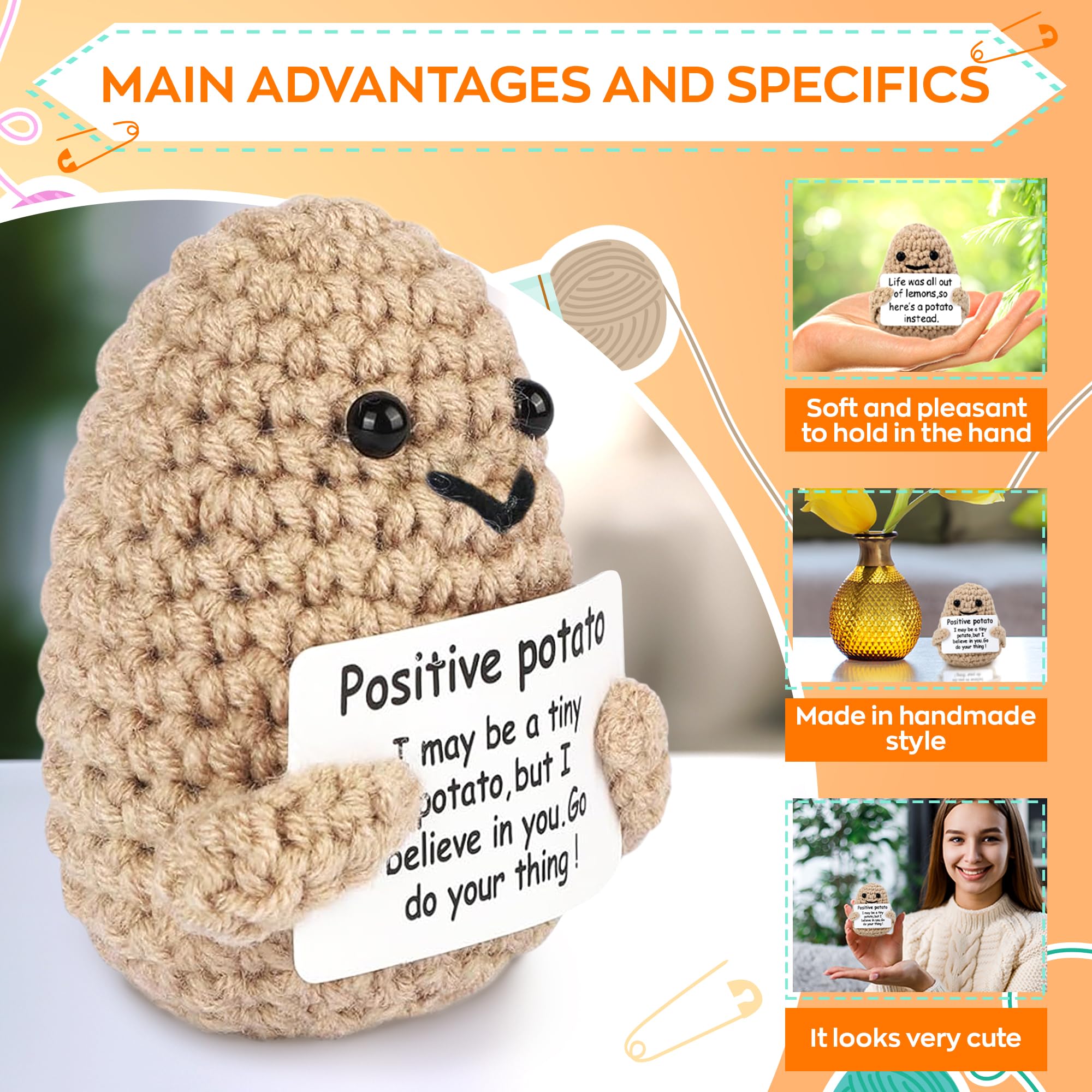 Crochet Positive Potato - Emotional Support Potato Positive Crochet New Years Gifts Small Potatoes Emotional Support Plush Crochet Potato Positive Tiny Potato Toy - Positive Potato Crochet Gifts