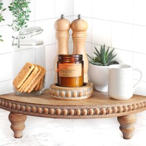 Farmhouse Corner Shelf Stand [with Removable Feet] - Bathroom Countertop Organizer, Decorative Tray Riser, Beaded Wooden Tray, Corner Tray Plant Stand, Coffee Bar Organizer for Kitchen Countertop