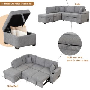 Merax Sleeper Sofa Bed L Shaped Sectional Couch with Storage Ottoman and Chaise for Living Room, Small Apartment Love Seats, Gray_Linen