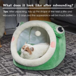 Jiupety Cute Cat Bed, Indoor Lovely Crystal Velvet Igloo for Cat and Small Dog, Warm Cave Sleeping Nest Bed for Puppy and Kitten, Green Frog, L.