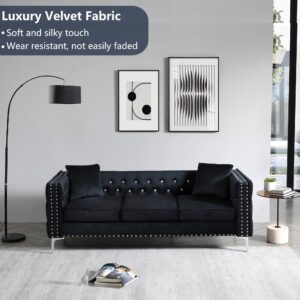 Velvet Sofa for Living Room,82.3" Jeweled Buttons Tufted Square Arm Couch,Modern Couch Upholstered Button and Metal Legs,Sofa Couch with 2 Pillows for Bedroom (Black+Velvet, 82.3 L*32.3 W*29.1 H)