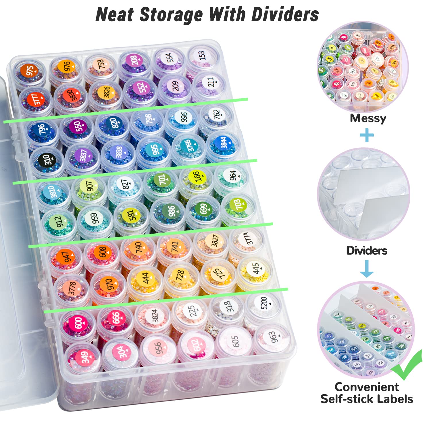 Diamond Painting Storage Containers, 1 Pack 60 Grids Bead Organizer and Diamond Painting Labels, Bead Organizers and Storage for Diamond Painting Accessories, Diamond Art Storage, Diamond Dots Storage