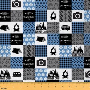 happy camping fabric by the yard camper decorative waterproof outdoor fabric vintage wood grain fire print upholstery fabric for chairs retro rv camping plaid grid blue black upholstery fabric, 1 yard